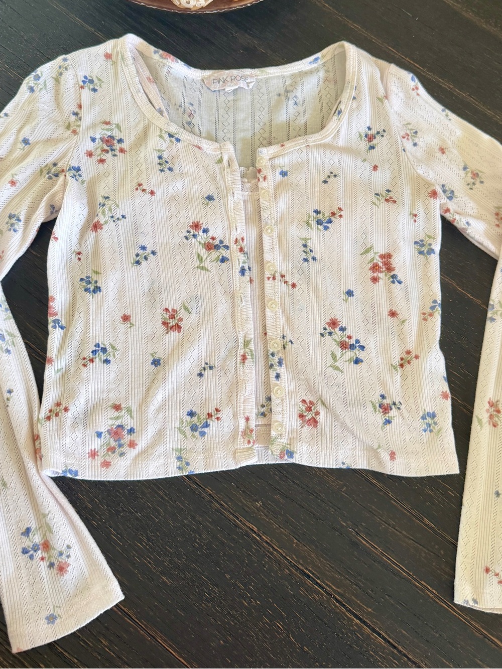 Pink Rose Cream Floral Button-Front Ribbed Cardigan